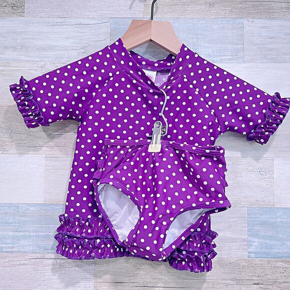 RUFFLEBUTTS 2 Piece Rashguard Swimsuit Purple White Polka Dot Toddler Girl 3T - Picture 1 of 8